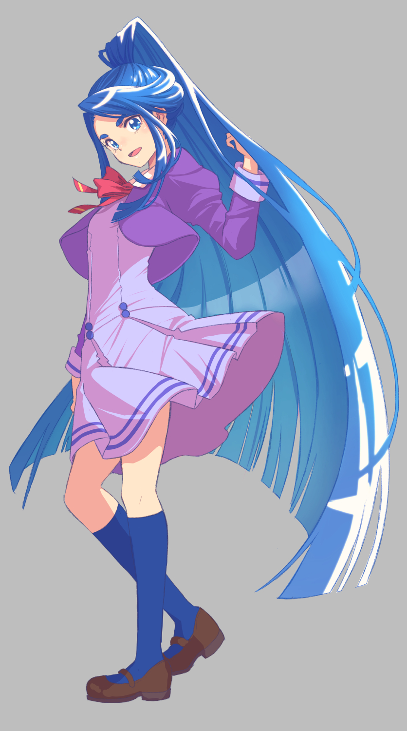 1girl :d blue_socks brown_shoes commentary_request cosplay cure_aqua eyelashes full_body grey_background happy highres jj_(ssspulse) l&#039;ecole_des_cinq_lumieres_school_uniform long_hair magical_girl minazuki_karen minazuki_karen_(cosplay) open_mouth ponytail precure school_uniform self_cosplay shoes simple_background smile socks solo standing very_long_hair yes!_precure_5 yes!_precure_5_gogo!