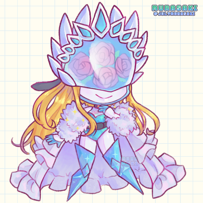 1girl blonde_hair blue_leotard cendrillmon chibi covered_eyes digimon digimon_(creature) full_body helmet helmet_over_eyes leotard long_hair making-of_available murasaki_(julymurasaki) smile solo