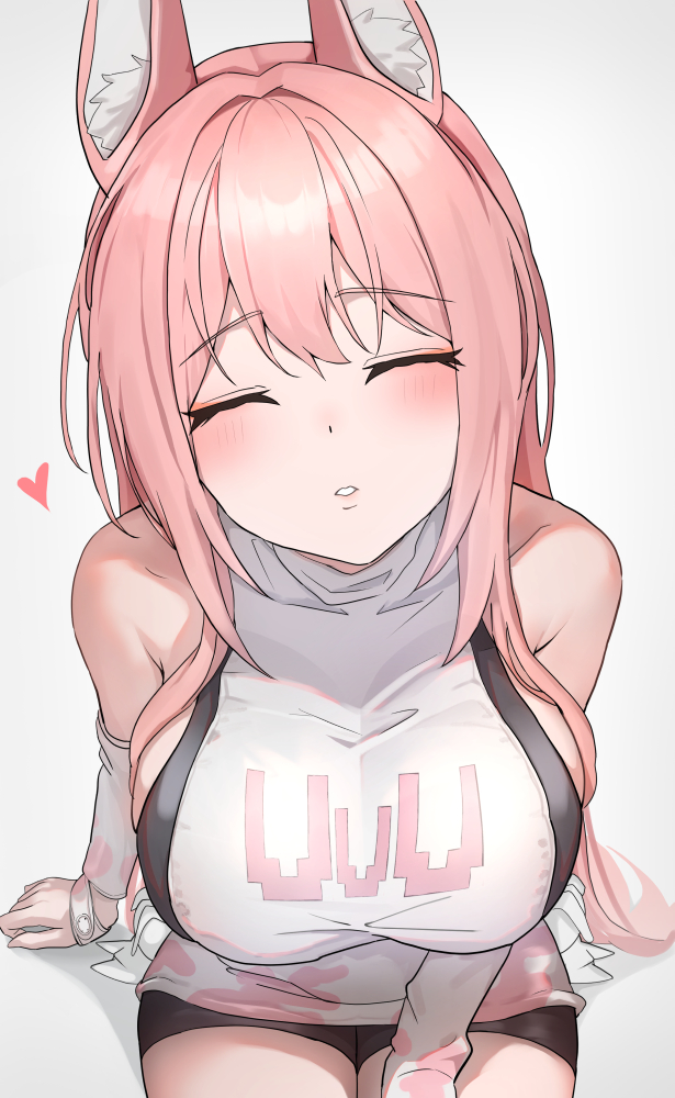1girl animal_ear_fluff animal_ears arm_support bare_shoulders black_shorts blush breasts closed_eyes commentary_request detached_sleeves from_above goddess_of_victory:_nikke hatenoga heart incoming_kiss large_breasts leona_(nikke) long_hair pink_hair shirt short_shorts shorts simple_background sitting solo turtleneck turtleneck_shirt white_background white_shirt