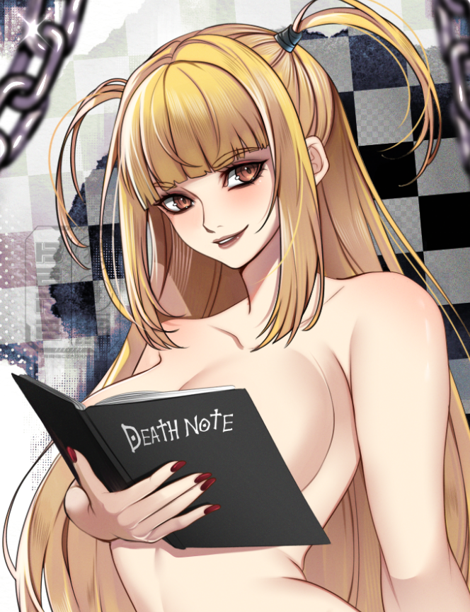 1girl amane_misa bare_shoulders beneceadraws blonde_hair boobs_in_book_(meme) breasts brown_eyes chain collarbone death_note death_note_(object) female_focus fingernails light_blush lips long_fingernails long_hair medium_breasts nude teeth