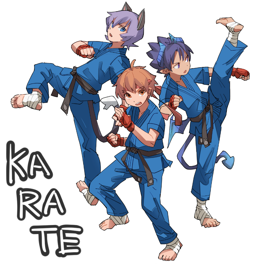 animal_ears barefoot blue_eyes blue_hair brown_eyes brown_hair cat_boy cat_ears cat_tail demon_boy demon_tail demon_wings dougi fighting_stance fingerless_gloves forked_eyebrows full_body geetgeet high_kick horns karate karate_gi kicking ledo_vassar light_blue_hair low_wings male_focus mini_wings mma_gloves multiple_boys open_mouth pointy_ears pop-up_story purple_eyes selim_spark simple_background tail white_background wings ziz_glover