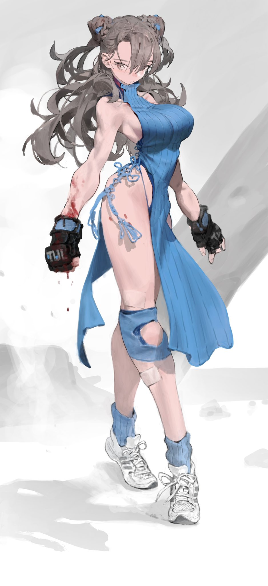 1girl bandaged_leg bandages blood blood_on_hands blue_dress breasts brown_eyes brown_hair double_bun dress fingerless_gloves gloves hair_bun highres large_breasts long_hair long_legs looking_to_the_side original shoes sneakers socks solo toned wan_young_yun