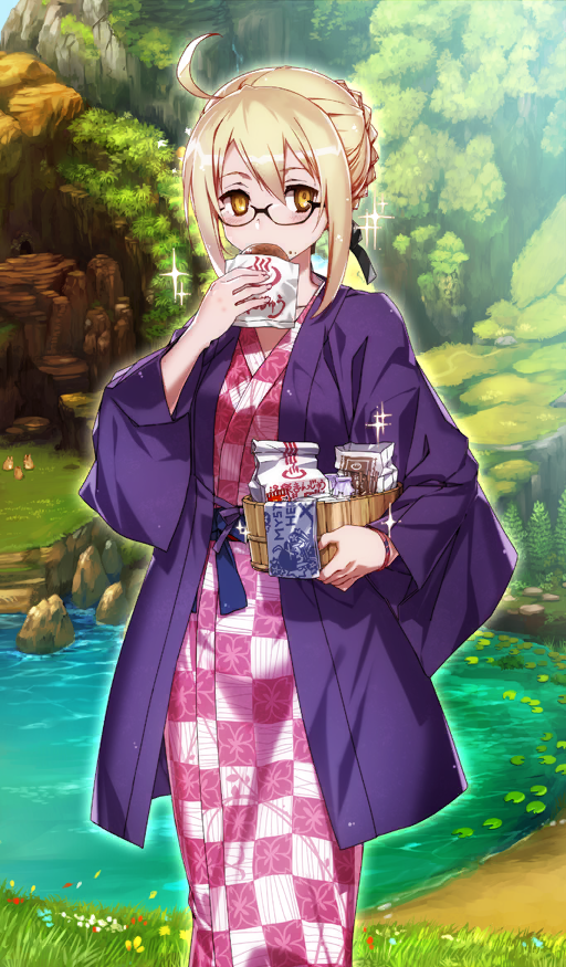 1girl ahoge artoria_pendragon_(fate) black_ribbon blonde_hair blue_sash breasts bucket bun_with_braided_base bunbun collarbone commentary day double-parted_bangs eating fate/grand_order fate_(series) feet_out_of_frame food food_on_face food_request glasses grass hair_bun hair_ribbon haori holding holding_bucket holding_food in_bucket in_container japanese_clothes kimono lily_pad long_sleeves looking_to_the_side mysterious_heroine_x_(fate) mysterious_heroine_x_alter_(fate) mysterious_heroine_x_alter_(traveling_outfit)_(fate) nature official_art orange_eyes outdoors pink_kimono purple_haori ribbon sash sidelocks single_hair_bun small_breasts solo sparkle standing sunlight third-party_source tree water wide_sleeves wooden_bucket