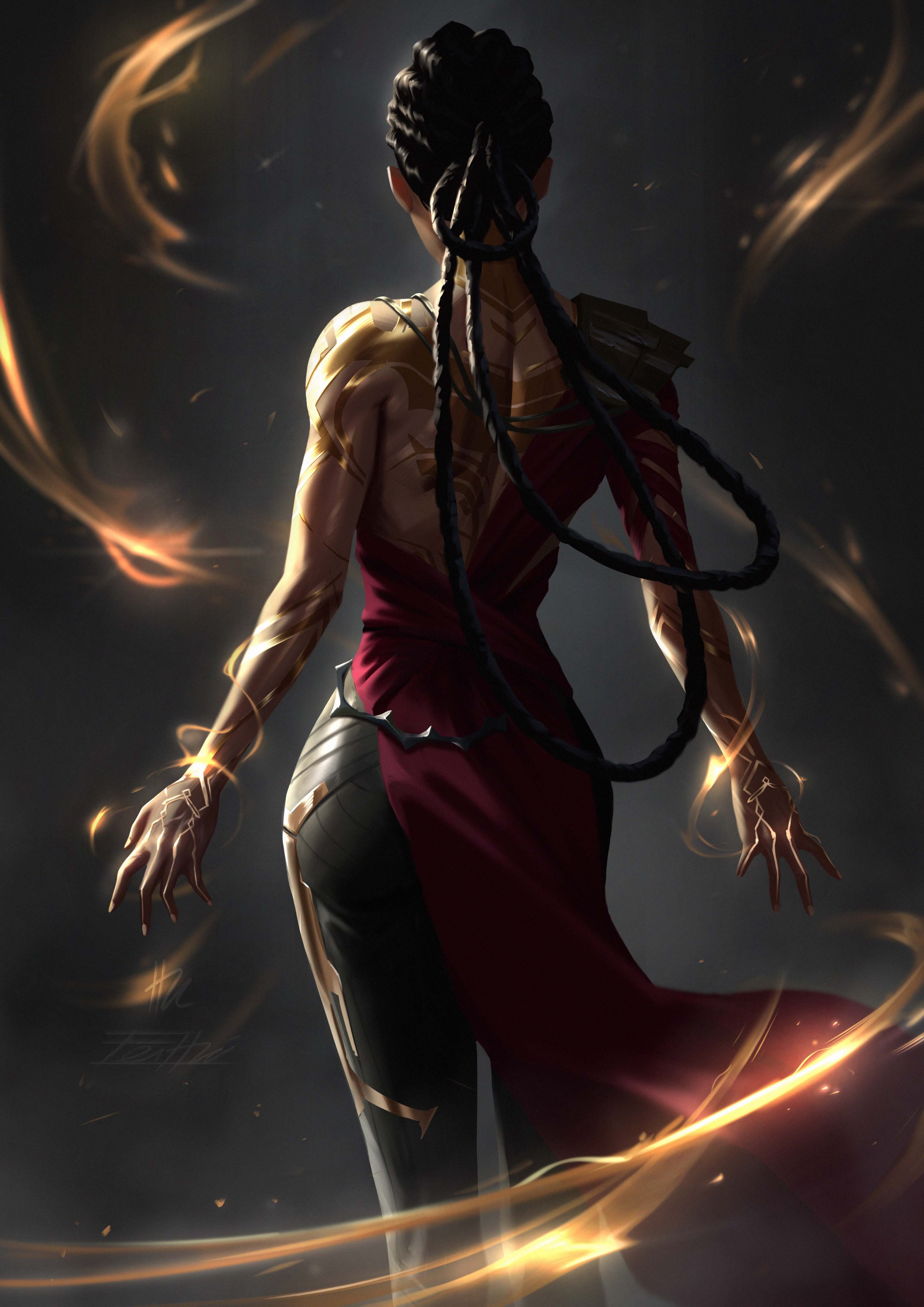 1girl absurdres arcane:_league_of_legends ass back black_background black_hair braid cowboy_shot dark-skinned_female dark_skin fei_hai from_behind gold_tattoo highres league_of_legends long_hair magic mel_medarda multiple_braids off-shoulder_shirt off_shoulder red_shirt shirt simple_background single_bare_shoulder solo standing