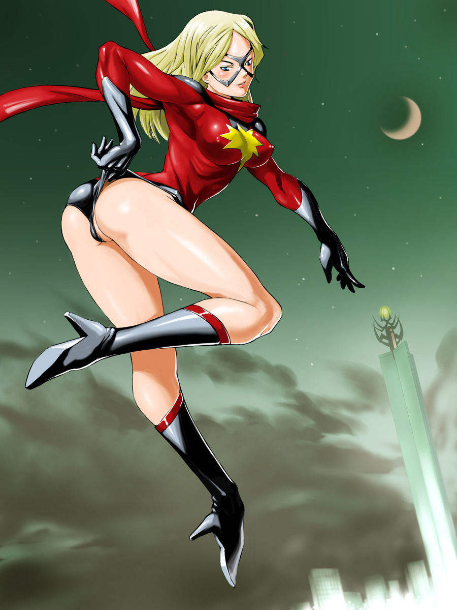 1girl blonde_hair blue_eyes boots breasts covered_erect_nipples female_focus flying gloves high_heels highres karla_sofen legs leotard long_hair long_legs looking_at_viewer looking_back marvel mask medium_breasts moonstone_(marvel) muscular panties panty_pull partially_visible_vulva pussy pussy_peek shimotsuki_juugo shoes solo thighs underwear