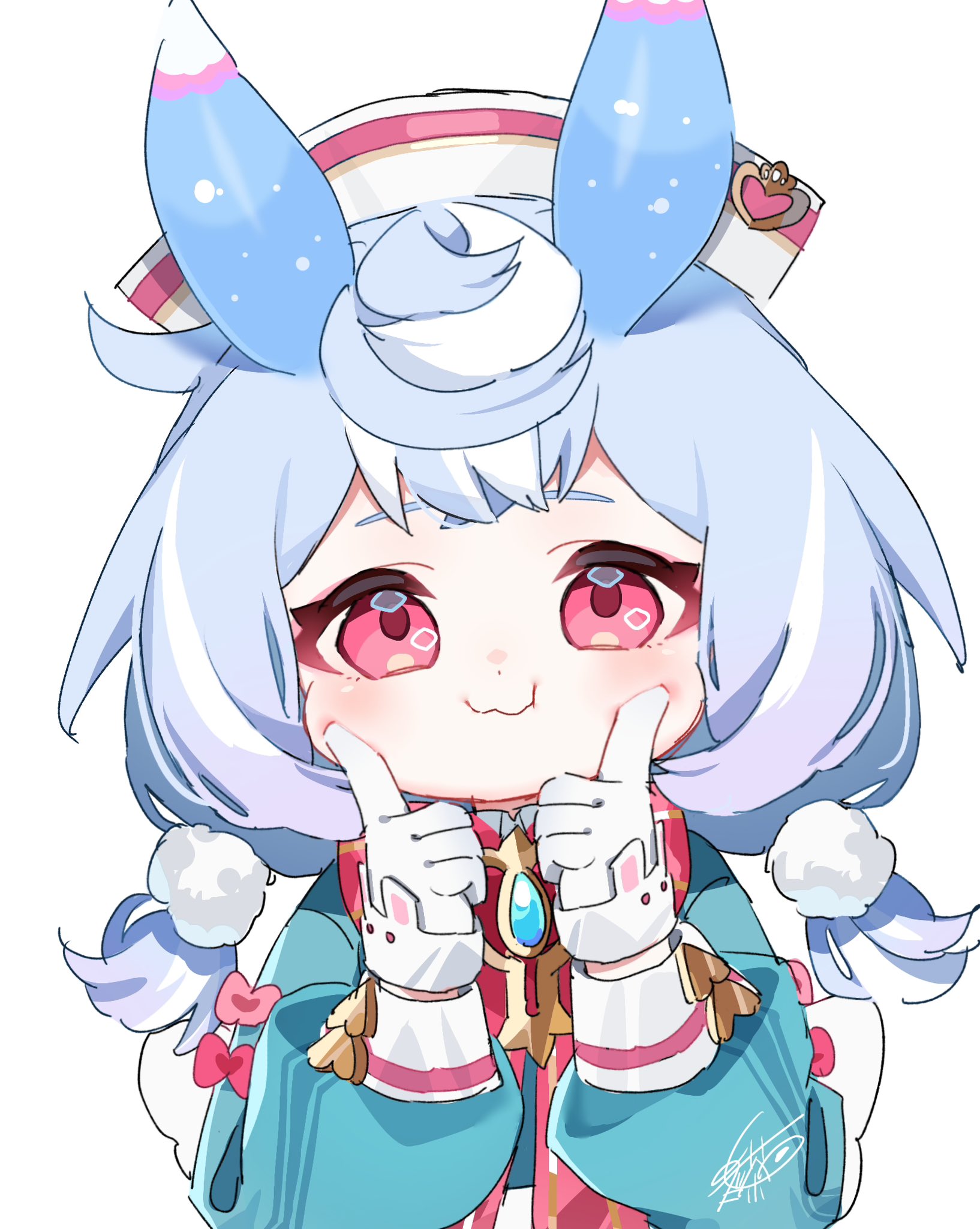 1girl :i animal_ears aqua_shirt artist_name blue_hair blush bow bowtie brooch cheek_poking closed_mouth commentary_request crossed_bangs genshin_impact gradient_hair hair_ornament hands_up hat highres index_fingers_raised jewelry long_sleeves looking_at_viewer low_twintails meda_cha medium_hair multicolored_hair nurse_cap pink_bow poking pom_pom_(clothes) pom_pom_hair_ornament puffy_long_sleeves puffy_sleeves purple_hair red_bow red_bowtie red_eyes shirt sidelocks sigewinne_(genshin_impact) signature simple_background sleeve_cuffs smile solo twintails upper_body white_background white_hat