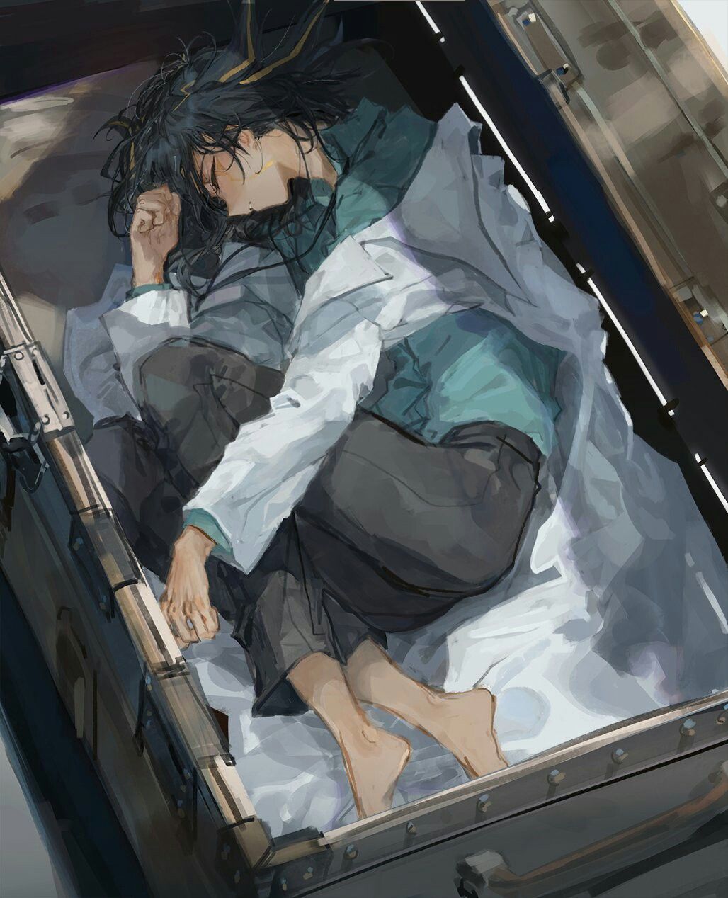 1boy arm_on_own_leg barefoot black_hair black_pants blue_shirt box closed_eyes closed_mouth curled_up day dress_shirt facing_to_the_side fetal_position fudo_yusei hand_to_head highres lab_coat lanyard legs_together looking_down looking_to_the_side lying male_focus metal momentcorefly on_side open_suitcase outdoors pants pillow shirt spiked_hair storage_room suitcase yu-gi-oh! yu-gi-oh!_5d&#039;s