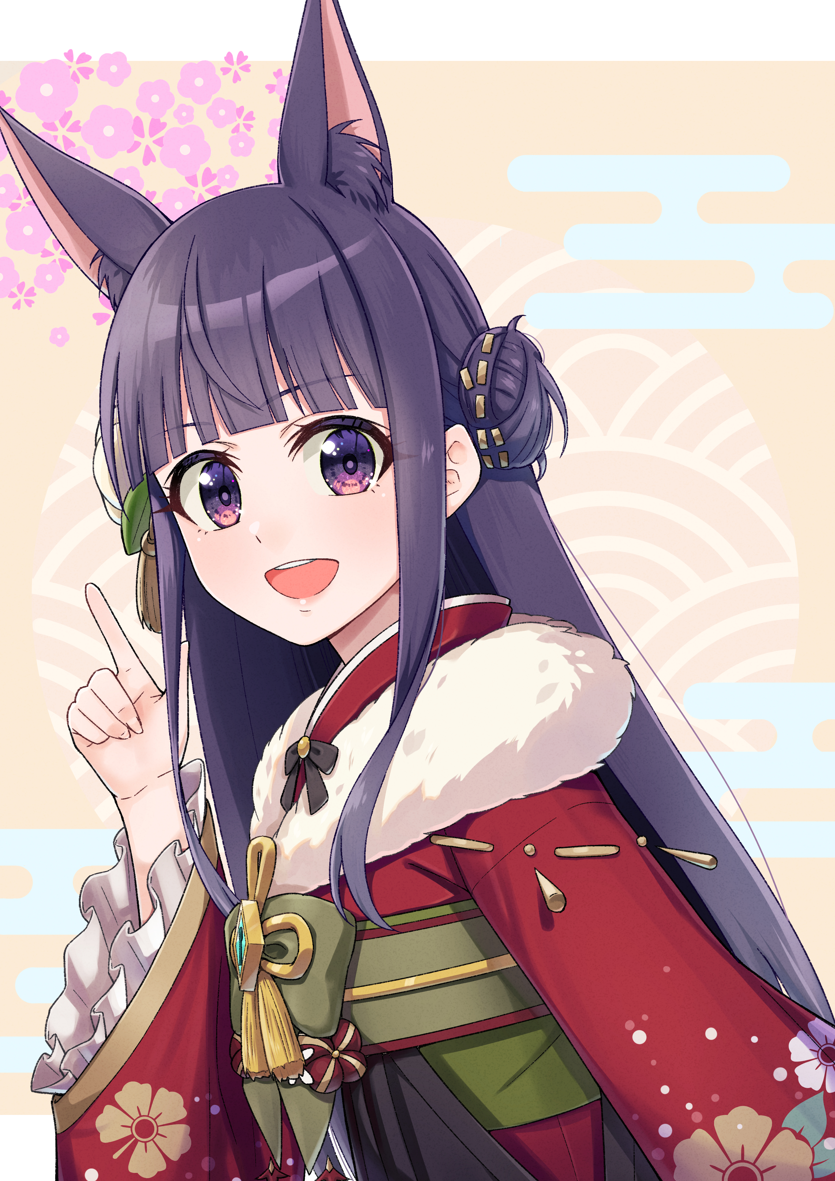 1girl absurdres animal_ear_fluff animal_ears blunt_bangs dog_ears dog_girl extra_ears floral_print highres japanese_clothes k-ya. kasumi_(new_year)_(princess_connect!) kasumi_(princess_connect!) kimono long_hair looking_at_viewer new_year obi open_mouth princess_connect! purple_eyes purple_hair red_kimono sash sidelocks smile solo very_long_hair