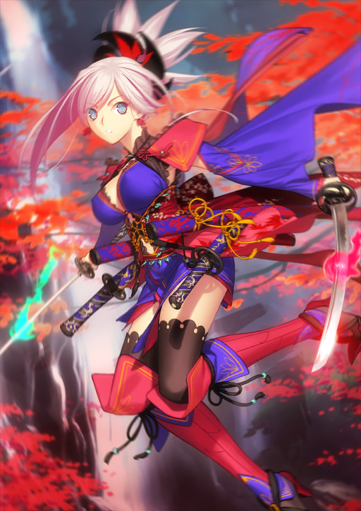 1girl black_thighhighs blue_eyes blurry blurry_background boots breasts clothing_cutout detached_sleeves dress dual_wielding dynamic_pose earrings fate/grand_order fate_(series) fire foot_out_of_frame green_fire hair_tie high_heel_boots high_heels holding holding_sword holding_weapon japanese_clothes jewelry katana knees_together_feet_apart koyama_hirokazu lace_trim leaf_earrings long_sleeves looking_at_viewer midair miyamoto_musashi_(fate) miyamoto_musashi_(third_ascension)_(fate) motion_blur navel_cutout obi official_art outstretched_arms overskirt parted_bangs parted_lips pink_hair ponytail purple_dress purple_sleeves red_boots red_fire red_overskirt red_sash sash sheath sheathed short_dress short_hair_with_long_locks short_ponytail single_sidelock sleeves_past_wrists solo sword thighhighs third-party_source tree unsheathed weapon wide_ponytail wide_sleeves