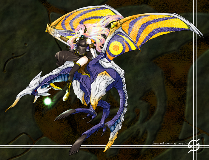 1girl armband bare_shoulders crossover dragon flying halterneck headset horns long_hair megurine_luka panzer_dragoon pink_hair riding single_horn thighhighs very_long_hair vocaloid