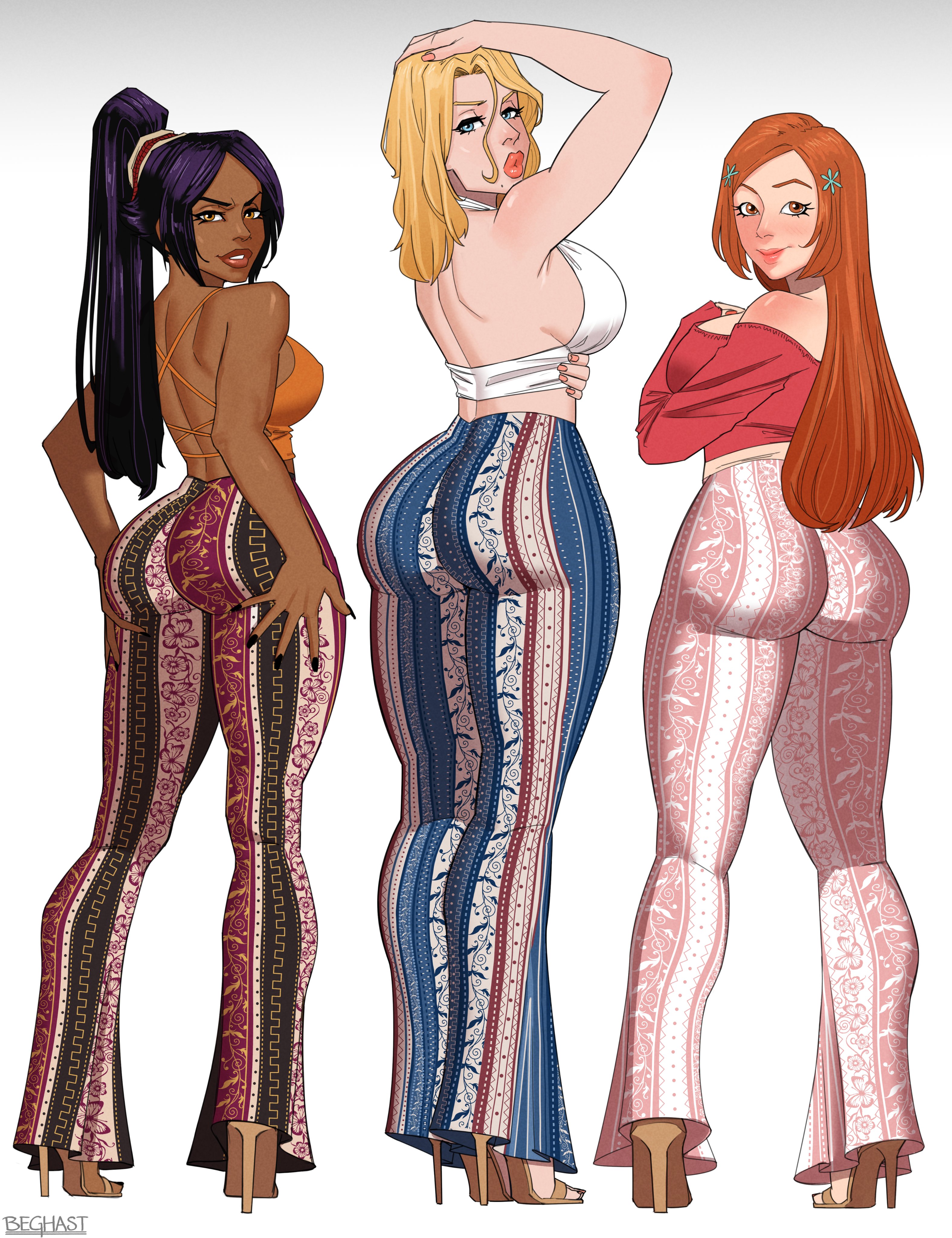 3girls absurdres arm_up ass beghastart bleach bleach:_sennen_kessen-hen blonde_hair blue_eyes blush breasts dark-skinned_female dark_skin female_focus forbidden_pants from_behind full_body high_heels highres inoue_orihime large_breasts lips long_hair looking_at_viewer matsumoto_rangiku meme_attire mole mole_under_mouth multiple_girls nail_polish orange_hair ponytail purple_hair shihouin_yoruichi sideboob thick_lips yellow_eyes