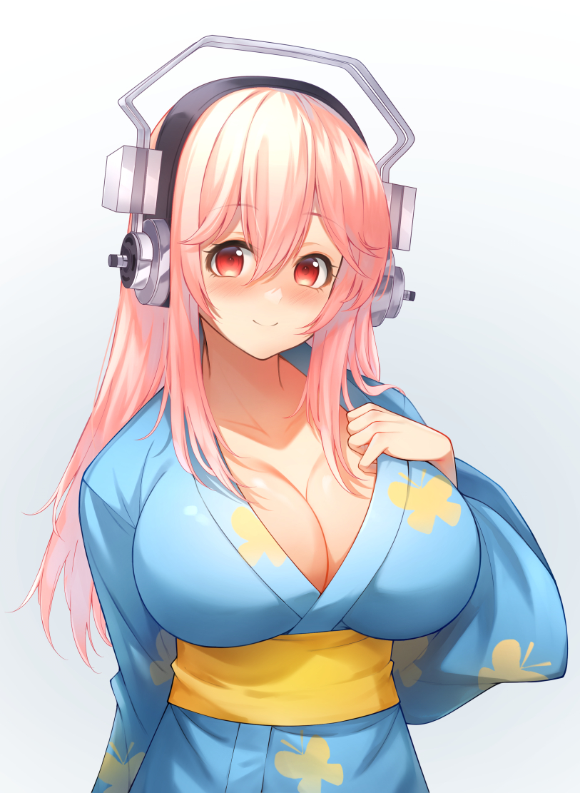 1girl blue_kimono blush breasts cleavage commission headphones japanese_clothes kimono large_breasts long_hair looking_at_viewer nitroplus obi pink_hair pixiv_commission red_eyes rizihike sash smile solo super_sonico yukata