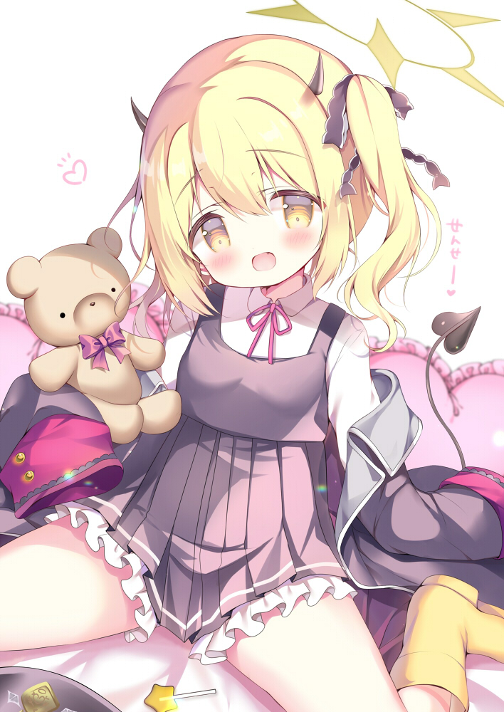 1girl :d azumi_kazuki black_bow black_jacket blonde_hair blue_archive blush boots bow brown_eyes candy collared_shirt commentary_request demon_girl demon_horns demon_tail dress food frilled_dress frilled_pillow frills grey_dress hair_between_eyes hair_bow halo head_tilt heart heart-shaped_pillow horns ibuki_(blue_archive) jacket lollipop long_sleeves looking_at_viewer neck_ribbon open_mouth pillow pinafore_dress pink_ribbon pleated_dress ribbon shirt side_ponytail sitting sleeveless sleeveless_dress sleeves_past_fingers sleeves_past_wrists smile solo star_(symbol) stuffed_animal stuffed_toy tail teddy_bear translation_request wariza white_shirt yellow_boots