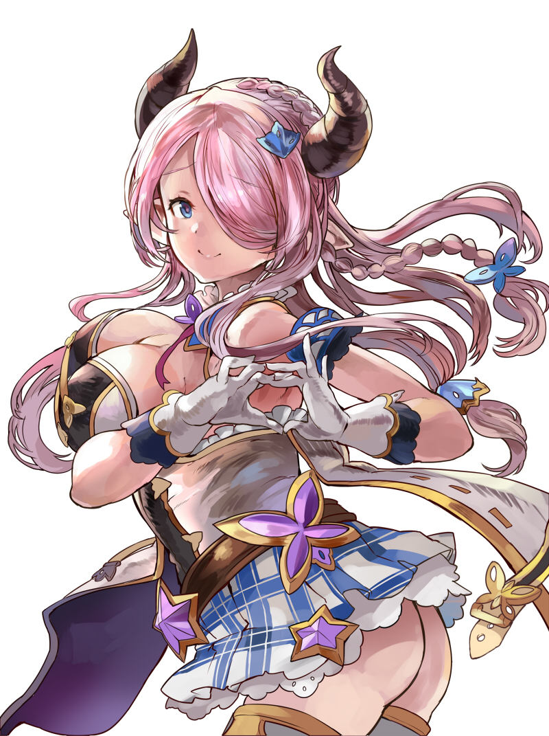 10s 1girl adapted_costume alternate_costume armpits ass bare_shoulders blue_eyes braid breasts checkered_clothes checkered_skirt detached_sleeves draph female_focus granblue_fantasy hair_over_one_eye heart heart_hands himuro_shunsuke idol kimi_to_boku_no_mirai large_breasts light_purple_hair lips long_hair looking_at_viewer narmaya_(granblue_fantasy) pointy_ears purple_hair single_braid skirt solo standing