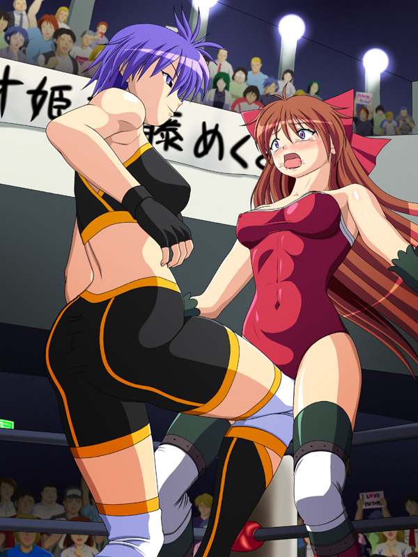 2girls audience blush brown_hair covered_erect_nipples cunt_punt hair_ribbon kicking kishima_eri knee_pads leotard long_hair multiple_girls mutou_megumi noppo-san open_mouth pain purple_eyes purple_hair ribbon ryona saliva short_hair shorts tears tongue wrestle_angels wrestling wrestling_outfit wrestling_ring