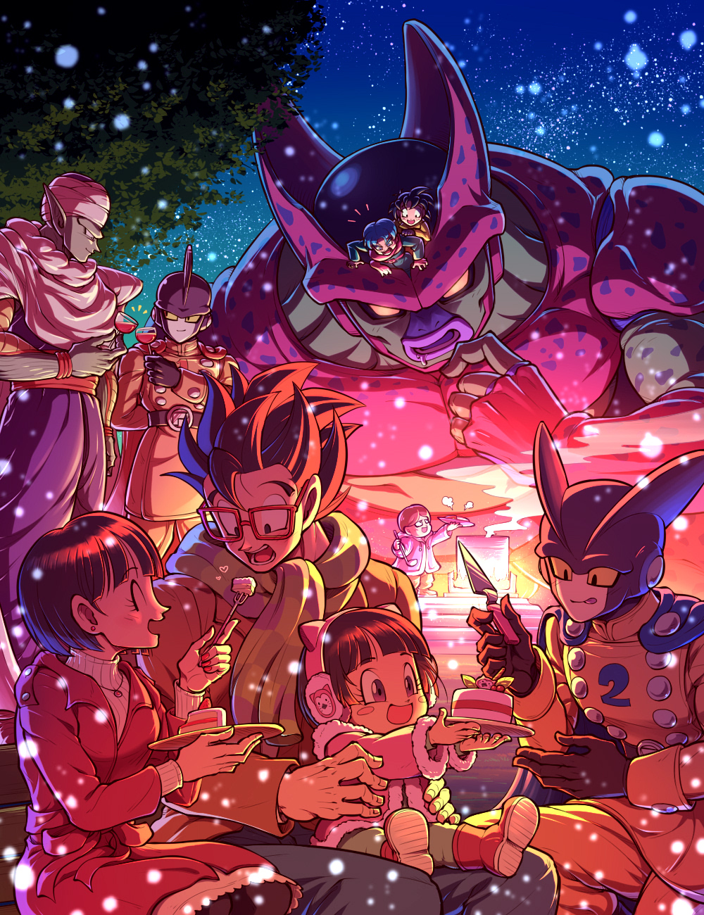2girls 6+boys black_hair blue_hair cake cell_max christmas coat creature cup dr._hedo dragon_ball dragon_ball_super dragon_ball_super_super_hero drinking_glass earmuffs fire food gamma_1 gamma_2 glasses grin highres looking_at_another multiple_boys multiple_girls night night_sky open_mouth pan_(dragon_ball) piccolo robot scarf sky smile snow son_gohan son_goten tree trunks_(dragon_ball) videl wine_glass