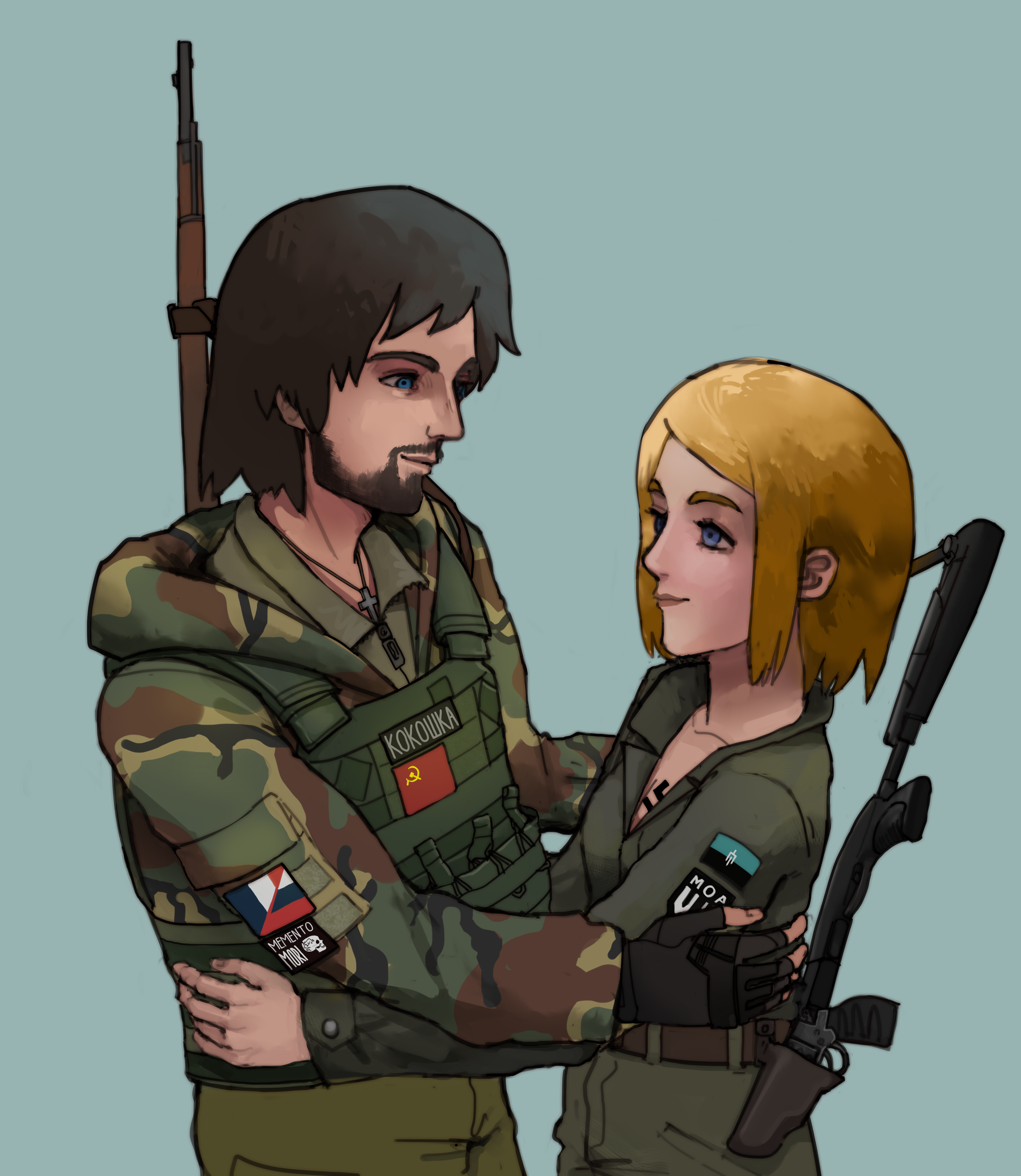 1boy 1girl absurdres arm_patch beard beard_stubble belt blonde_hair blue_background blue_eyes bolt_action breasts brown_belt brown_hair bulletproof_vest buttoned_cuffs buttons camouflage camouflage_jacket claude_elybeux collarbone commission commissioner_upload couple cross cross_necklace cyrillic digital_camouflage elf3 english_text facial_hair french_flag green_pants gun handgun highres holstered hug jacket jewelry long_sleeves looking_at_another malorussia malorussian_flag malorussian_liberation_army marichka medium_hair military_combat_uniform military_jacket military_uniform morale_patch mosin-nagant name_tag necklace non-web_source original pants partially_open_jacket patch revolver rifle russia russian_flag russian_ground_forces russian_text russo-ukrainian_war shotgun shoulder_patch simple_background size_difference small_breasts soldier soviet soviet_flag stubble swastika tactical_clothes tattoo weapon zipper