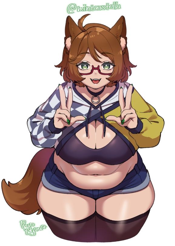 1girl agawa_ryou animal_ears belly breasts brown_hair choker cleavage dog_ears double_v fangs fat fat_woman glasses green_eyes green_nails indie_virtual_youtuber large_breasts mint_castella mint_castella_(1st_costume) nail_polish navel open_mouth plump semi-rimless_eyewear short_hair short_shorts shorts solo standing tail thick_thighs thighhighs thighs v virtual_youtuber white_background