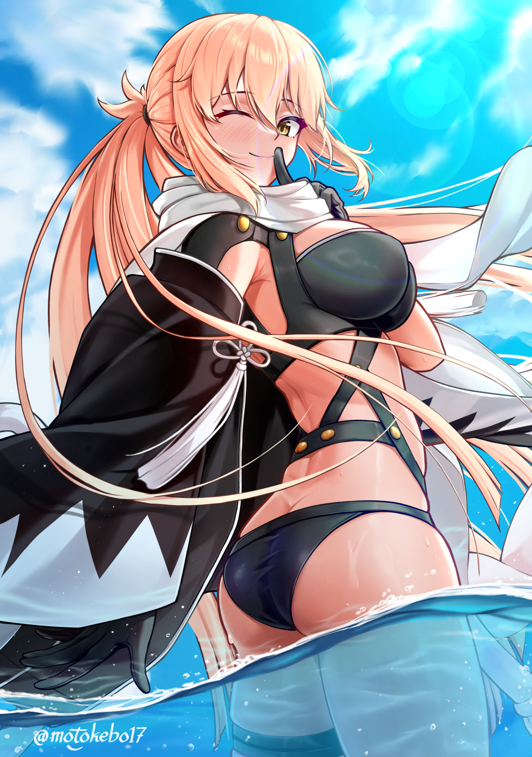 1girl bikini black_bikini blonde_hair blue_sky breasts coat day fate/grand_order fate_(series) gloves hair_between_eyes hand_on_own_lip high_ponytail highres looking_at_viewer motokebo17 ocean okita_j._souji_(fate) okita_souji okita_souji_(fate) open_clothes open_coat outdoors ponytail scarf side-tie_bikini_bottom single_glove sky smile solo swimsuit wading water wet white_scarf yellow_eyes