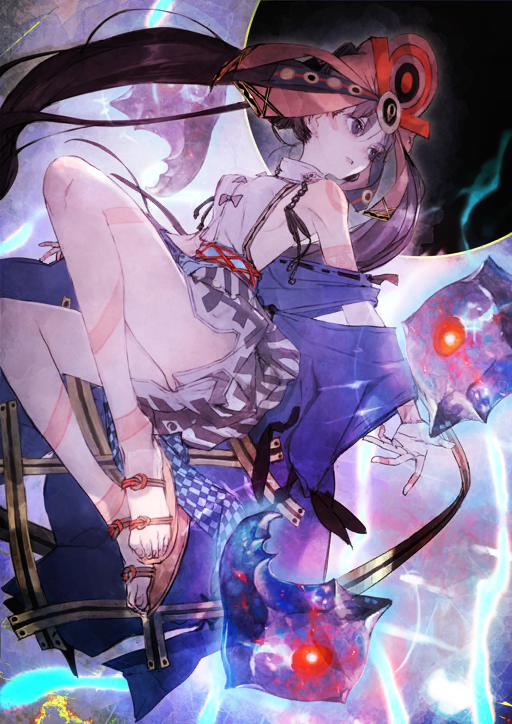 1girl arm_tattoo bare_shoulders blue_sash blue_sleeves breasts brown_hair brown_sandals collared_dress detached_sleeves dress dynamic_pose fate/grand_order fate_(series) feet_up finger_tattoo full_body game_cg halterneck headdress high_collar high_heel_sandals iyo_(fate) japanese_clothes knees_up leg_tattoo long_hair long_sleeves magatama midair official_art parted_lips sandals sash short_dress shoulder_tattoo sideboob sideless_dress sleeveless sleeveless_dress solo tattoo third-party_source toi8 twintails very_long_hair waist_sash white_dress wide_sleeves