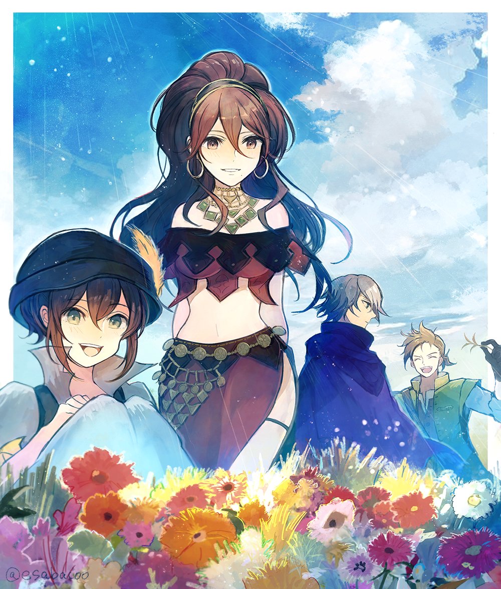 2boys 2girls alfyn_(octopath_traveler) bare_shoulders black_hat blue_cloak blue_sky brown_eyes brown_hair character_request check_character cloak cloud crop_top day earrings flower green_vest grey_hair grin hat hoop_earrings jewelry leaf_(esabacoo) long_hair looking_at_viewer midriff multiple_boys multiple_girls navel necklace octopath_traveler octopath_traveler_i off-shoulder_shirt off_shoulder primrose_azelhart red_shirt red_skirt shirt short_sleeves skirt sky smile stomach therion_(octopath_traveler) tressa_(octopath_traveler) tressa_colzione vest