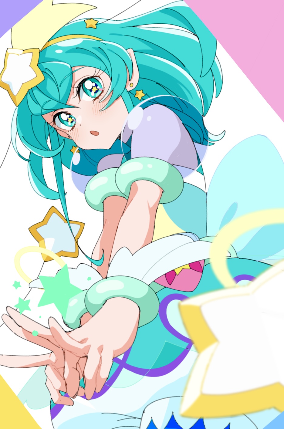 1girl :o alien antennae aqua_eyes aqua_hair aqua_shorts blurry cowboy_shot cure_milky depth_of_field double_v earrings hagoromo_lala hair_ornament hairband highres jewelry looking_at_viewer magical_girl medium_hair open_mouth own_hands_together precure puffy_short_sleeves puffy_shorts puffy_sleeves see-through_clothes see-through_sleeves shirako_love shooting_star_hair_ornament short_sleeves shorts simple_background solo star_(symbol) star_earrings star_hair_ornament star_in_eye star_twinkle_precure symbol_in_eye v white_background yellow_hairband