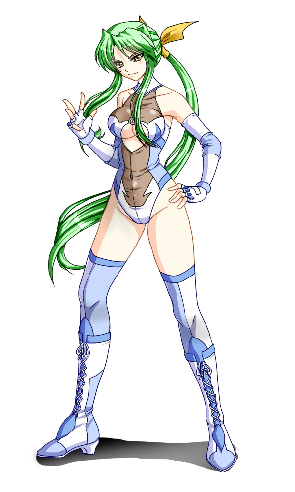 1girl boots breasts cleavage_cutout clothing_cutout derivative_work elbow_gloves fingerless_gloves gloves green_hair hair_ribbon leotard long_hair ponytail ribbon rigid sakurai_chisato smile thigh_boots thighhighs very_long_hair wrestle_angels wrestle_angels_survivor wrestle_angels_survivor_2 wrestler wrestling_outfit yellow_eyes