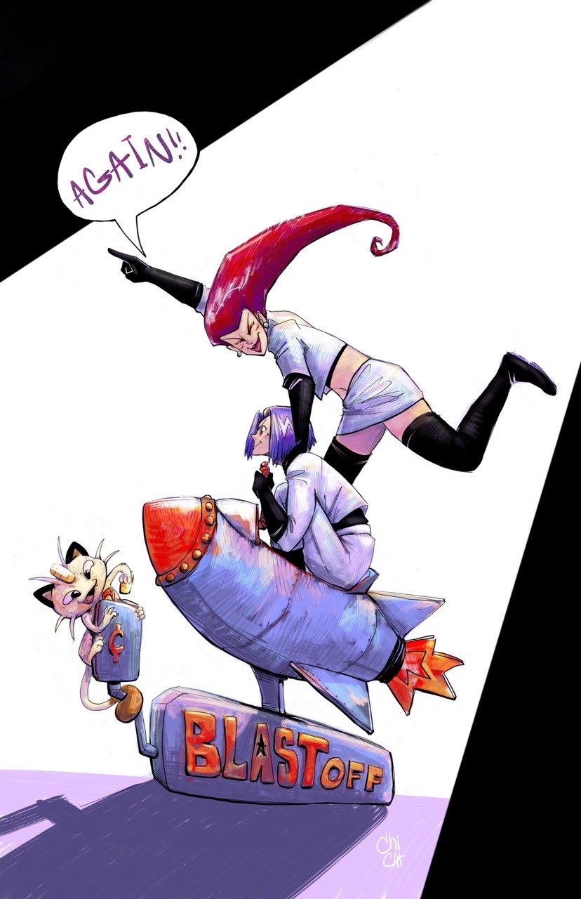 1boy 1girl blue_hair catchimakes game_freak gen_1_pokemon happy highres james_(pokemon) jessie_(pokemon) meowth nintendo pokemon pokemon_(anime) pokemon_(creature) red_hair rocket rocket_launcher team team_rocket weapon