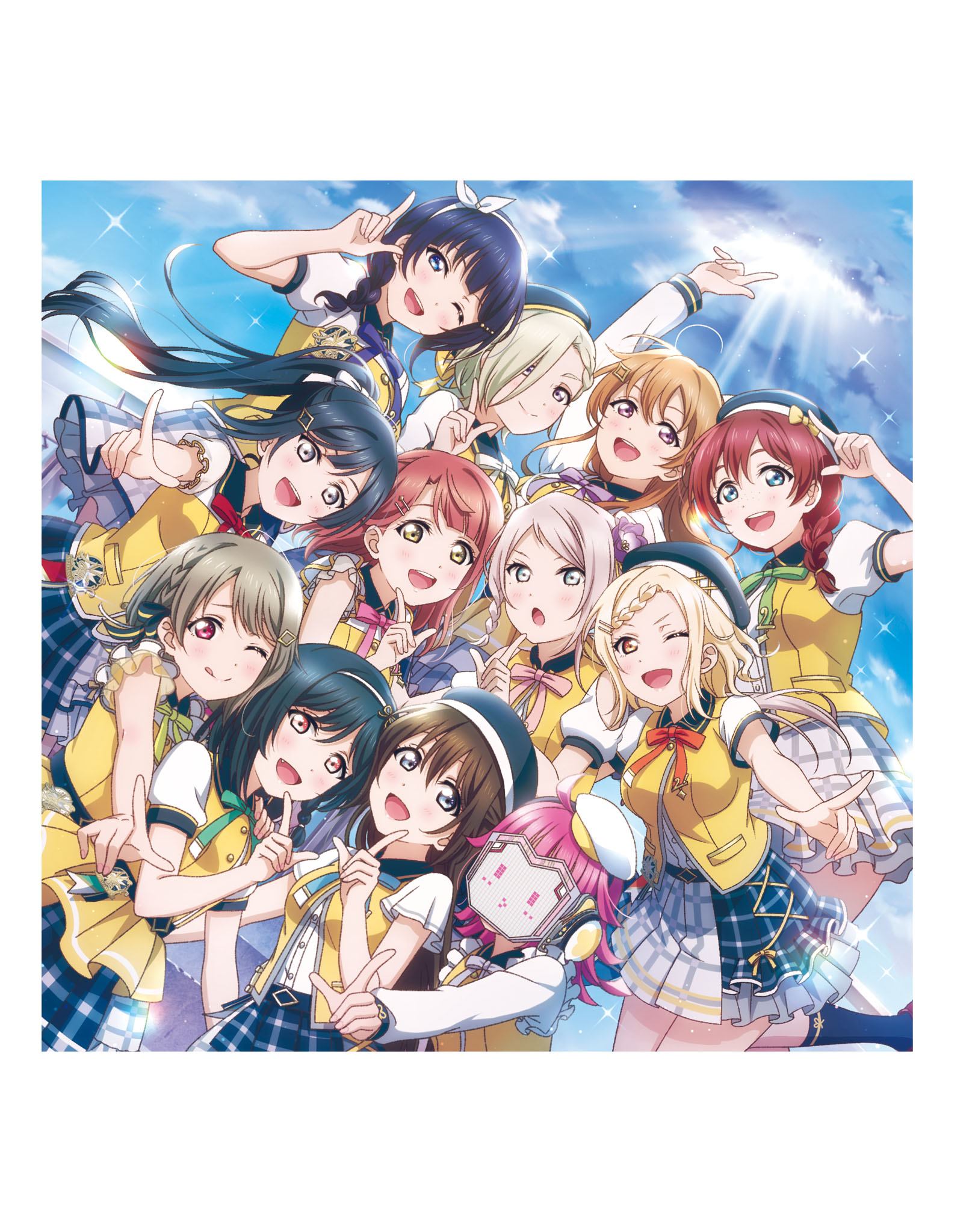 6+girls artbook asaka_karin black_hair blonde_hair blue_eyes blue_ribbon braid brown_hair emma_verde green_hair green_ribbon grey_eyes grey_hair hair_ornament hair_ribbon hat highres jacket konoe_kanata long_hair looking_at_viewer love_live! love_live!_nijigasaki_high_school_idol_club mia_taylor mifune_shioriko miyashita_ai multiple_girls nakasu_kasumi non-web_source official_art one_eye_closed open_mouth orange_eyes orange_ribbon osaka_shizuku pink_eyes pink_hair pink_ribbon pointing pointing_at_viewer purple_eyes purple_hair purple_ribbon red_eyes red_ribbon ribbon rina-chan_board short_hair skirt sky smile tennoji_rina uehara_ayumu white_ribbon yellow_eyes yellow_jacket yellow_ribbon yuki_setsuna zhong_lanzhu