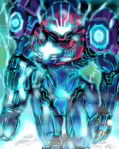 1girl arm_cannon armor assault_visor blue_light blue_visor coso-ri glowing glowing_lines looking_at_viewer lowres metroid metroid_prime_3:_corruption nintendo pauldrons ped_suit phazon power_armor power_suit samus_aran science_fiction shoulder_armor steam weapon