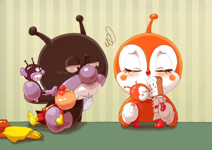 anpanman anpanman_(character) bad_id bad_pixiv_id baikinman blush currypanman dokin-chan doll gloves kiss sasaki_(sueko414) shokupanman teeth wings