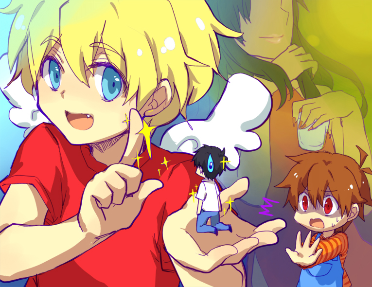 4boys bad_end black_hair blonde_hair blue_eyes brown_eyes brown_hair chibi dual_persona fang male_focus mizuoka_yuuichi multiple_boys re:kinder shiro1991 shirt short_hair shunsuke_(re:kinder) shunsuke_mama_(re:kinder) spoilers striped_clothes striped_shirt suspenders sweatdrop takano_shunsuke takumi_(re:kinder) takumiel trap white_shirt wings