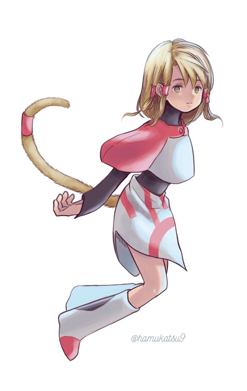 1girl blonde_hair closed_mouth dress final_fantasy final_fantasy_ix green_eyes hair_tubes looking_at_viewer ma-hain-scarlet medium_hair mikoto_(ff9) simple_background skirt solo tail twitter_username white_background
