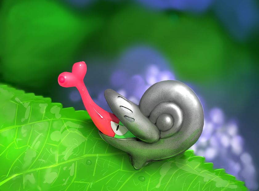 angry blurry blurry_background cosmo_(465lilia) flower gen_5_pokemon helmet hydrangea leaf nature nintendo no_humans plant pokemon pokemon_(creature) pout shelmet size_difference snail solo water_drop