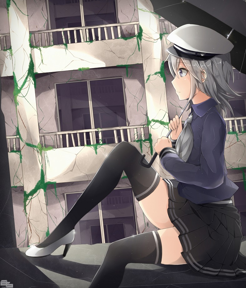 1girl ama_no_jaku_(vocaloid) ascot black_thighhighs building female_focus gumi hat high_heels jack_amano jenson_tw plant purple_eyes shoes silver_hair sitting skirt solo striped thighhighs umbrella vocaloid zettai_ryouiki