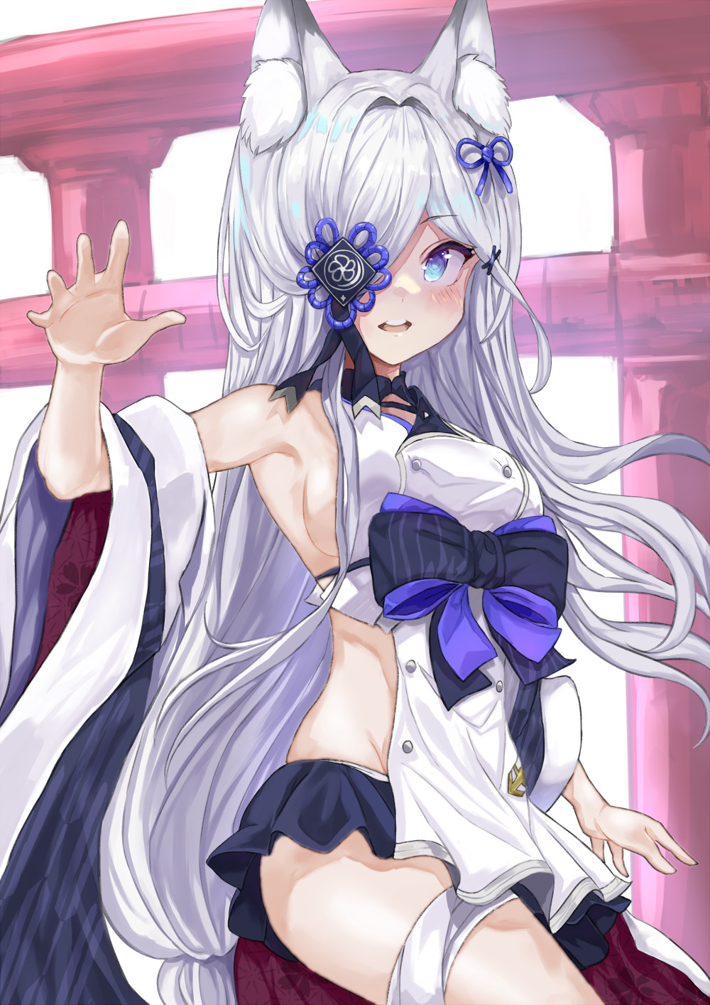 1girl animal_ear_fluff animal_ears azur_lane blue_eyes blue_skirt blush breasts commentary fox_ears hair_over_one_eye highres kasumi_(azur_lane) kasumi_(retrofit)_(azur_lane) long_hair looking_at_viewer md5_mismatch medium_breasts mg42cat-k1ng open_mouth parted_bangs pleated_skirt skirt smile solo very_long_hair white_hair
