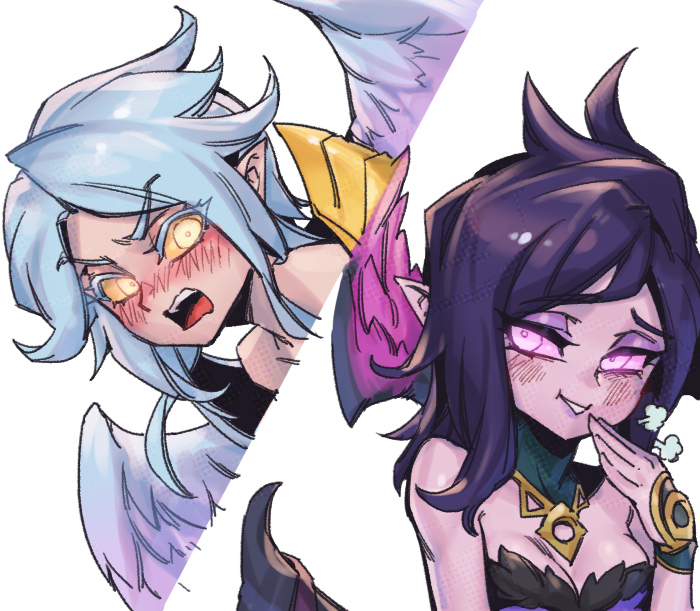 2girls angel_wings black_wings blush breasts cleavage colored_sclera commentary english_commentary feathered_wings furrowed_brow hair_between_eyes kayle_(league_of_legends) league_of_legends long_hair looking_at_another medium_breasts morgana_(league_of_legends) multiple_girls open_mouth phantom_ix_row pointy_ears purple_eyes purple_hair purple_sclera siblings sidelocks simple_background sisters teeth twins upper_body upper_teeth_only v-shaped_eyebrows white_background white_hair white_wings wings yellow_eyes yellow_sclera
