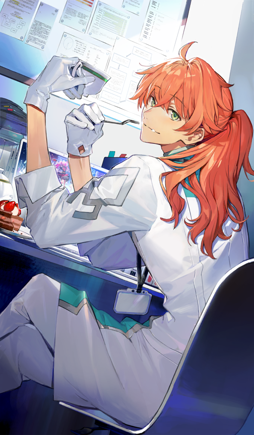 1boy ahoge cake chair chaldea_uniform closed_mouth coat commentary computer crossed_legs cup dessert dutch_angle eating fate/grand_order fate_(series) food food_on_face fruit gloves green_eyes hair_between_eyes holding holding_cup indoors itefu lanyard laptop long_hair looking_at_viewer looking_back male_focus official_art orange_hair pants plate ponytail romani_archaman sitting smile solo strawberry teacup third-party_source three-quarter_sleeves white_coat white_gloves white_pants