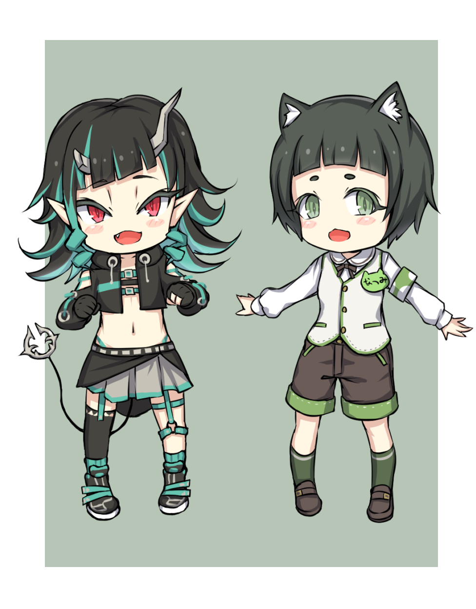2girls nanashi_inc. animal_ear_fluff animal_ears animare belt belt_bra black_footwear black_gloves black_hair black_jacket black_legwear black_ribbon black_shorts black_skirt blue_belt blue_hair blue_socks blunt_bangs blush breasts chest_belt clothing_cutout commentary_request cropped_jacket cross-laced_clothes cross-laced_sleeves demon_girl demon_horns demon_tail dog_ears fang flat_chest full_body garter_straps gloves green_background green_eyes green_legwear grey_skirt hashiba_natsumi_(animare) highres horns jacket layered_skirt long_hair long_sleeves looking_at_viewer midriff multicolored_hair multiple_girls navel neck_ribbon open_clothes open_jacket open_mouth partially_fingerless_gloves pointy_ears red_eyes ribbon rose22 shishio_chris shoes short_hair shorts shoulder_cutout simple_background single_thighhigh skirt small_breasts smile sneakers socks sugar_lyric tail thick_eyebrows thighhighs two-tone_background two-tone_hair vest virtual_youtuber white_background white_vest zipper_skirt