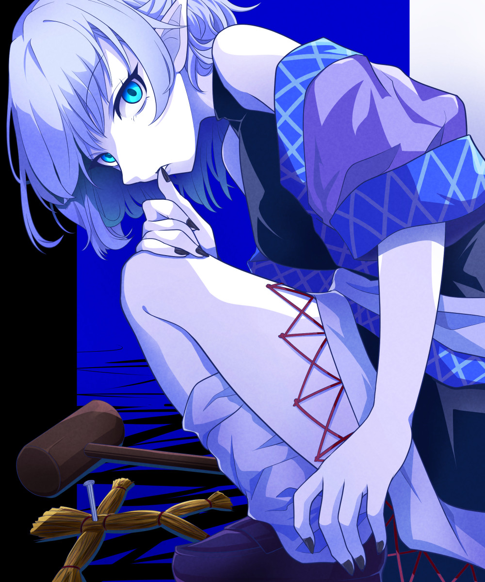1girl biting biting_own_thumb black_nails black_skirt blue_eyes blue_theme colorful_background commentary_request expressionless fingernails full_body grey_hair grey_socks highres kisaragi_koushi limited_palette loafers looking_at_viewer loose_socks mallet mizuhashi_parsee nail_(hardware) parted_lips pointy_ears purple_shirt purple_shoes shirt shoes short_hair short_sleeves skirt socks solo squatting straw_doll touhou