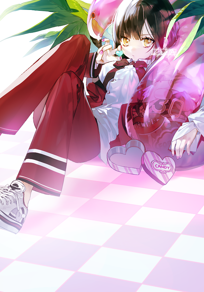1girl artist_name black_hair box breasts brown_eyes brown_ribbon buttons checkered_floor closed_mouth collared_shirt dress_shirt female_focus heart heart-shaped_box holding jacket knees_up leaf long_sleeves looking_at_viewer medium_breasts nail_polish neck_ribbon open_clothes open_jacket original pants pink_nails plant reclining red_jacket red_pants ribbon shirt shoes short_hair sneakers solo sukja white_shirt white_shoes