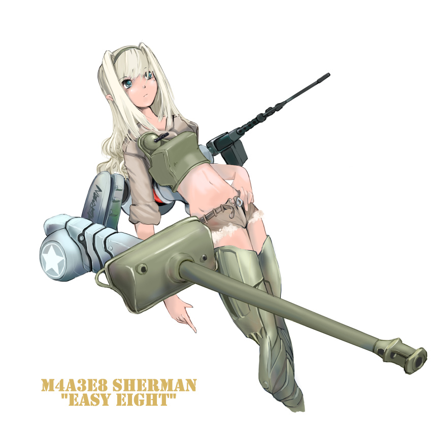 1girl aqua_eyes belt blonde_hair cannon character_name crop_top cutoffs female_focus gun hand_on_own_hip long_hair m4_sherman machine_gun medium_tank midriff military military_vehicle motor_vehicle nano_(nanosize) navel open_fly original personification short_shorts shorts simple_background sleeves_rolled_up solo tank unzipped vehicle weapon white_background world_war_ii