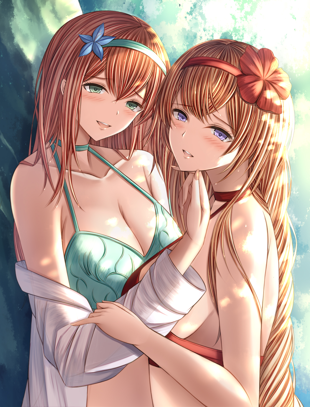 athena_(granblue_fantasy) bikini blonde_hair braid breasts cleavage enyo_(granblue_fantasy) enyo_(summer)_(granblue_fantasy) granblue_fantasy green_eyes hairband highres jacket kanpyou_(hghgkenfany) official_alternate_costume open_mouth orange_hair red_bikini swimsuit white_jacket yuri