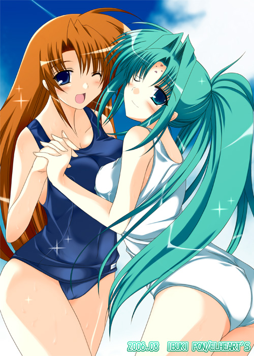00s 2girls ass blue_eyes blush breast_press breasts brown_hair facial_mark forehead_mark green_hair ibuki_pon lindy_harlaown long_hair lyrical_nanoha mahou_shoujo_lyrical_nanoha medium_breasts mature_female multiple_girls one-piece_swimsuit one_eye_closed ponytail school_swimsuit swimsuit symmetrical_docking takamachi_momoko white_school_swimsuit white_one-piece_swimsuit wink