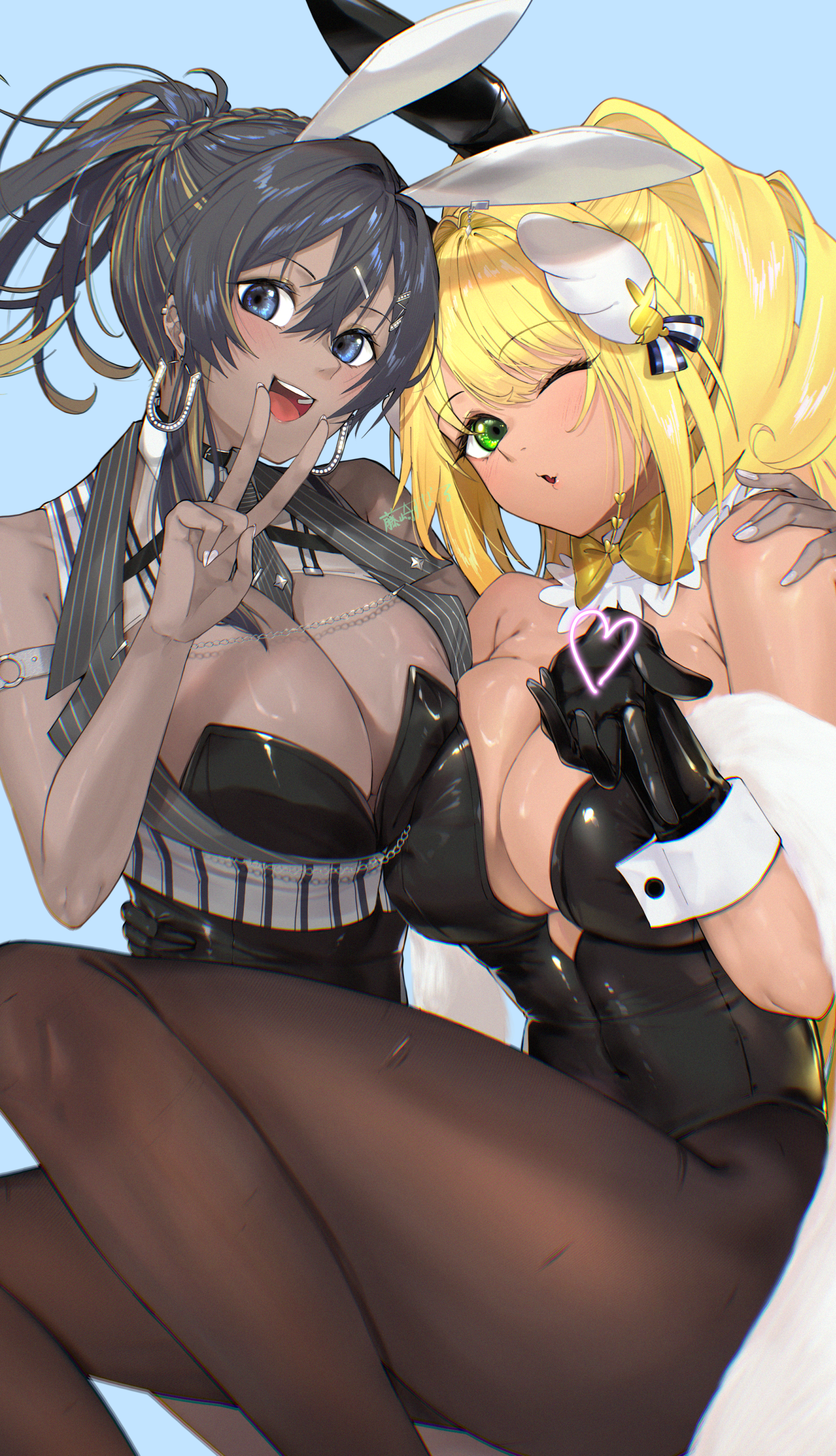 2girls absurdres adapted_costume animal_ears bare_shoulders between_breasts black_hair black_leotard black_necktie blonde_hair blue_background blue_eyes bow bowtie breasts cleavage commentary_request dark-skinned_female dark_skin detached_collar fake_animal_ears fujisaki_subaru goddess_of_victory:_nikke green_hair hand_on_another's_shoulder highres horseshoe_earrings large_breasts leotard long_hair looking_at_viewer multiple_girls necktie necktie_between_breasts noise_(classic_diva)_(nikke) noise_(nikke) one_eye_closed playboy_bunny rabbit_ears rupee_(nikke) simple_background smile strapless strapless_leotard striped_clothes traditional_bowtie v vertical-striped_clothes vertical-striped_necktie white_wrist_cuffs wrist_cuffs