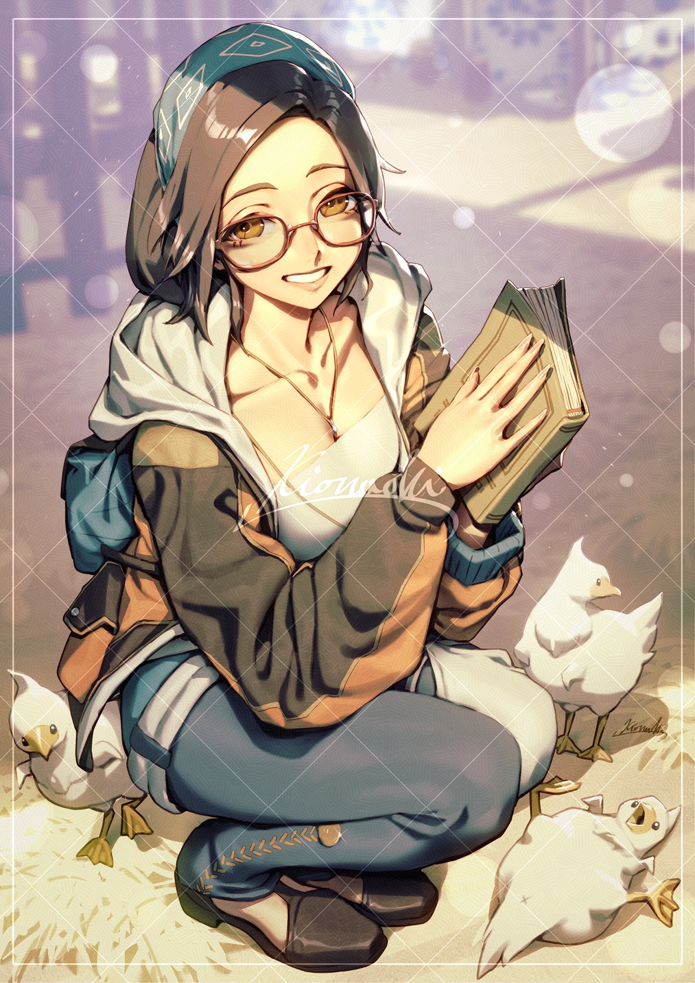 1girl alma_(monster_hunter_wilds) aqua_bandana book breasts brown-framed_eyewear brown_eyes brown_hair glasses highres holding holding_book jewelry kionaoki large_breasts long_hair looking_at_viewer monster_hunter_(series) monster_hunter_wilds necklace signature sitting smile solo squatting watermark watermark_grid