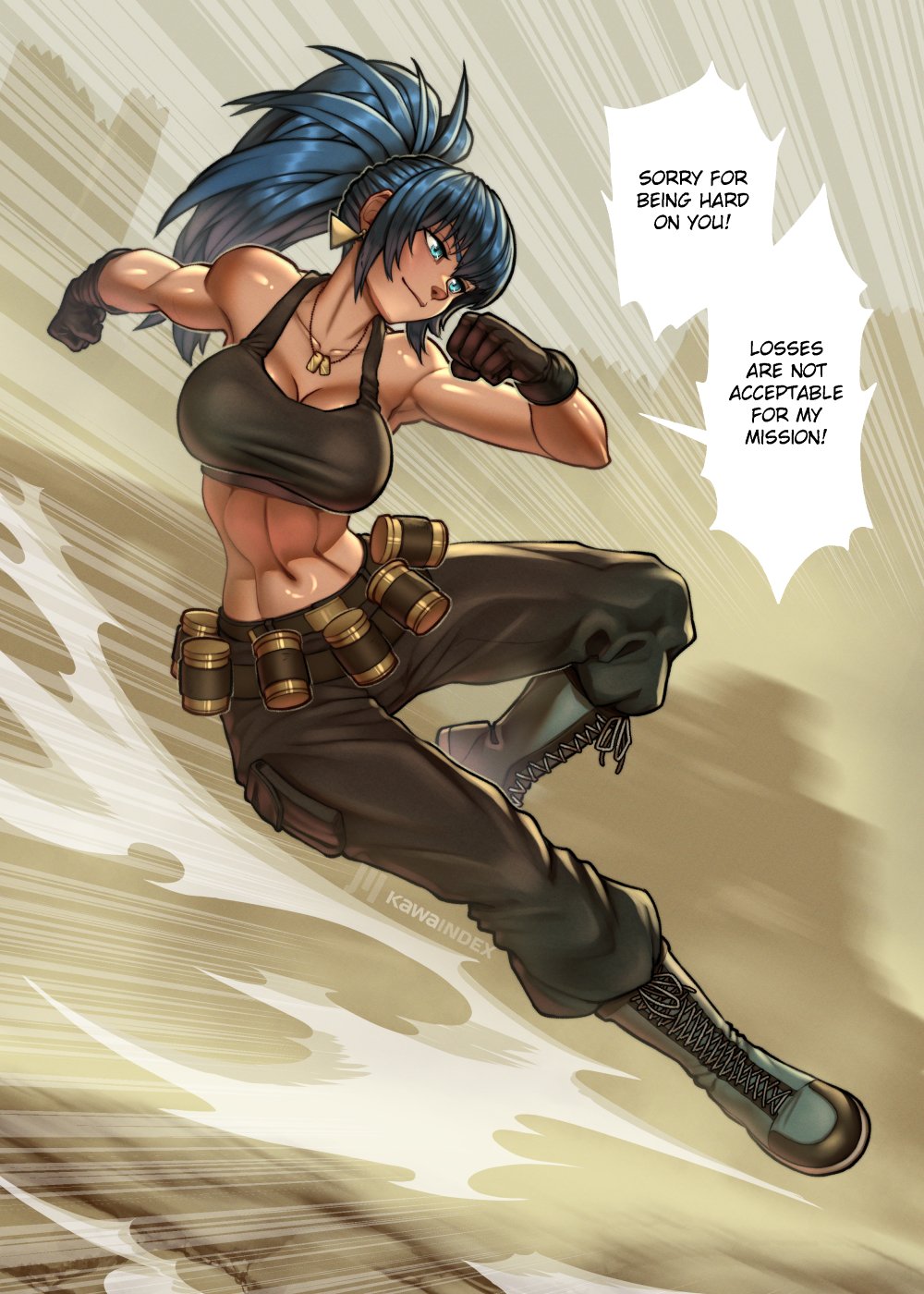 1girl ammunition_belt artist_name black_gloves blue_eyes blue_hair breasts crop_top dog_tags earrings full_body gloves highres jewelry kawaindex leona_heidern midriff navel ponytail smile soldier solo sports_bra stomach the_king_of_fighters the_king_of_fighters_xiii toned toned_female triangle_earrings