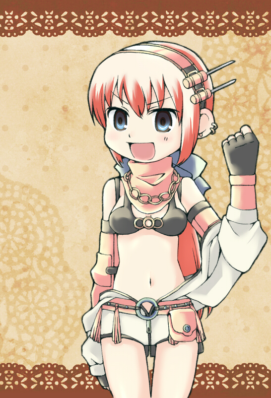 1girl :d bikini bikini_top_only black_bikini black_gloves blue_eyes blush breasts brown_background chain chain_necklace clenched_hand commentary_request cowboy_shot earrings elbow_gloves fingerless_gloves gloves hairband jewelry jumpsuit jumpsuit_around_waist long_hair looking_at_viewer mechanic_(ragnarok_online) medium_breasts midriff multiple_earrings navel necklace o-ring o-ring_top open_mouth pink_hair pink_hairband porinu ragnarok_online screwdriver smile solo swimsuit v-shaped_eyebrows vambraces white_jumpsuit