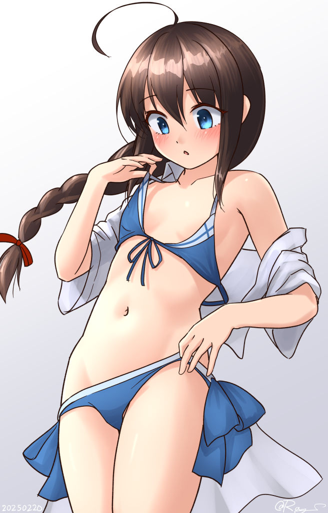 1girl ahoge bikini blue_bikini braid collared_shirt cosplay cowboy_shot dress_shirt gradient_background grey_background hair_over_shoulder kantai_collection open_clothes open_shirt oversized_clothes ray.s shigure_(kancolle) shigure_kai_san_(kancolle) shigure_kai_san_(kancolle)_(cosplay) shigure_kai_san_(swimsuit)_(kancolle) shirt side-tie_bikini_bottom single_braid solo swimsuit white_shirt