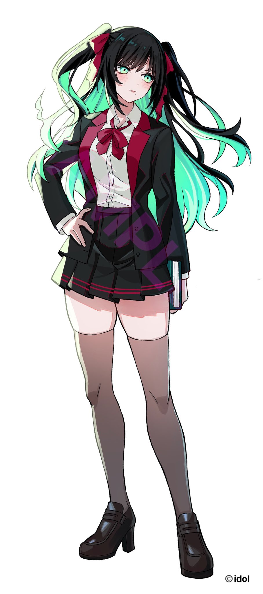 1girl alternate_costume black_hair black_jacket black_shoes black_skirt book bow bowtie cersea_soulstorm chromashift closed_mouth collared_shirt colored_inner_hair commentary_request company_name copyright_name copyright_notice full_body green_eyes grey_hair grey_thighhighs hair_ribbon hand_on_own_hip high_heels highres holding holding_book jacket jose_(unknownshuriken) loafers long_hair long_sleeves looking_at_viewer looking_to_the_side mole mole_under_mouth multicolored_hair official_art open_clothes open_jacket pleated_skirt red_bow red_bowtie ribbon sample_watermark school_uniform shirt shoes simple_background skirt solo standing thighhighs twintails very_long_hair virtual_youtuber watermark white_background white_shirt zettai_ryouiki